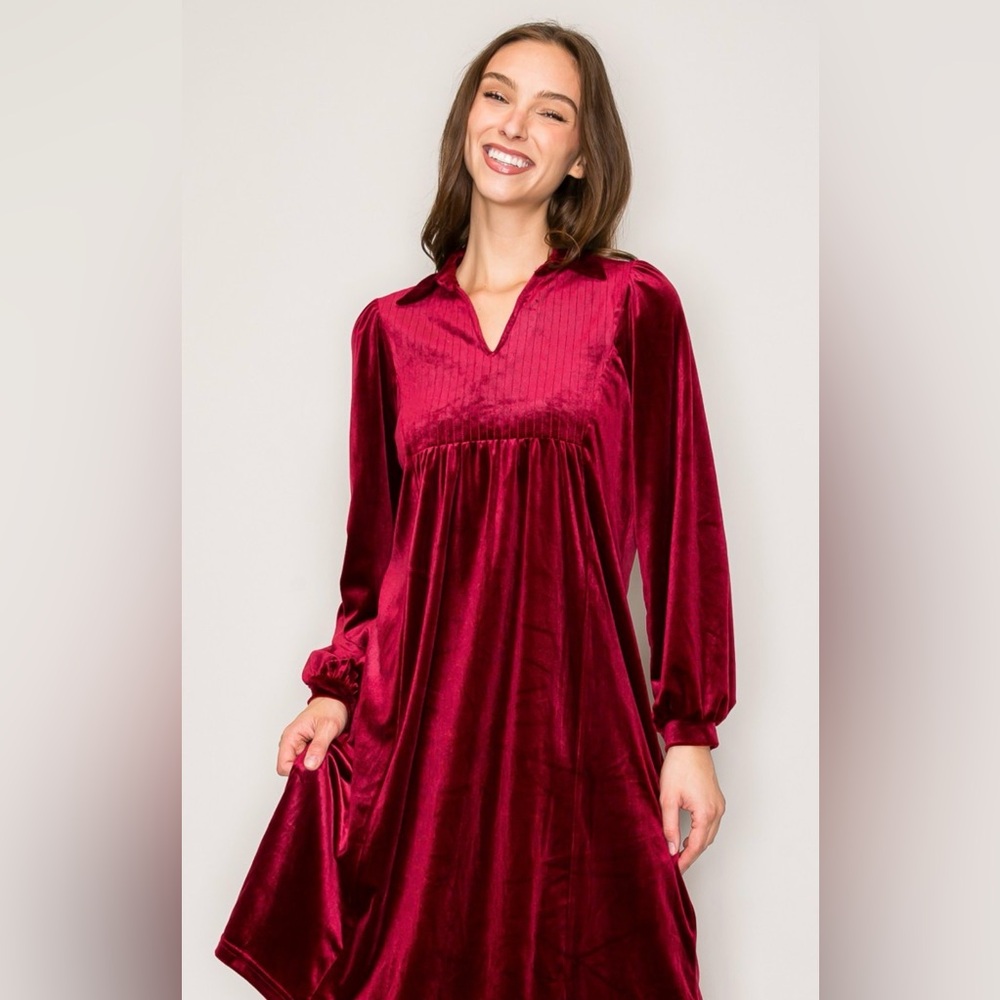 Burgundy Red Velvet Long SleeveV-Neck Dress, Size Large